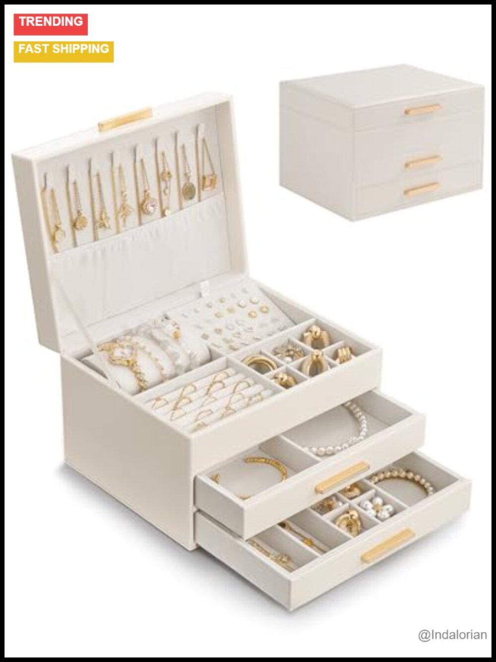 3-Layer Jewelry Box Organizer Leather Velvet Lined Drawers Storage Gift